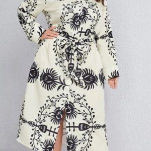 Plus Plant Print Belted Shirt Dress